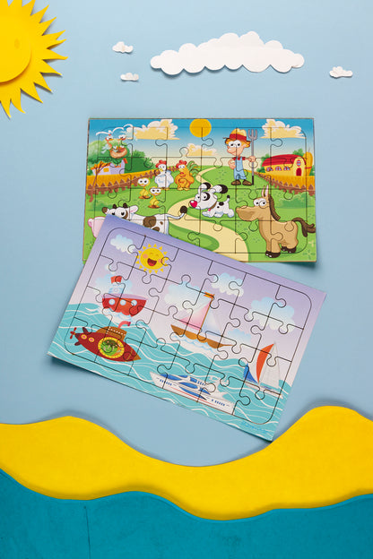 Okul Öncesi Başlangıç Yapboz Çiftlik Ve Deniz Araçları Ahşap Puzzle Set