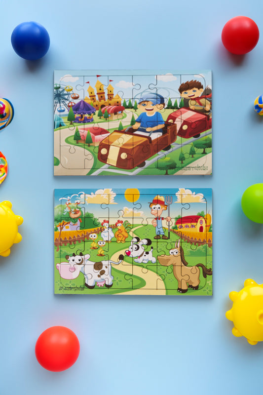 Okul Öncesi Başlangıç Yapboz Lunapark Maceram ve Sevimli Çiftliğim Ahşap Puzzle Set