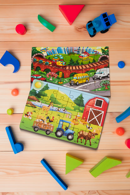 Okul Öncesi Başlangıç Yapboz Taşıtlar Ve Çiftlik Ahşap Puzzle Set